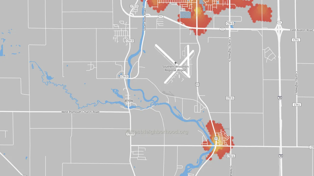 Walk Grade map of Afton, WI, walkable areas in green and car-dependent areas in red