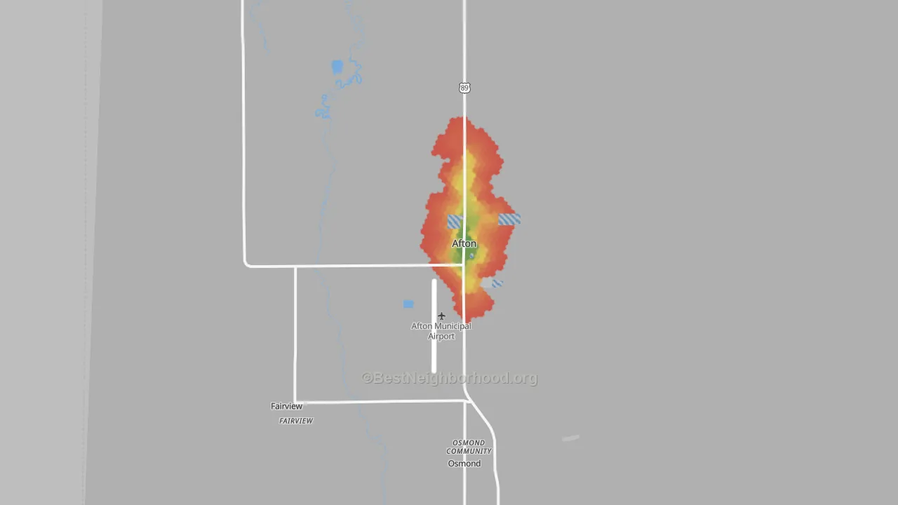 Walk Grade map of Afton, WY, walkable areas in green and car-dependent areas in red