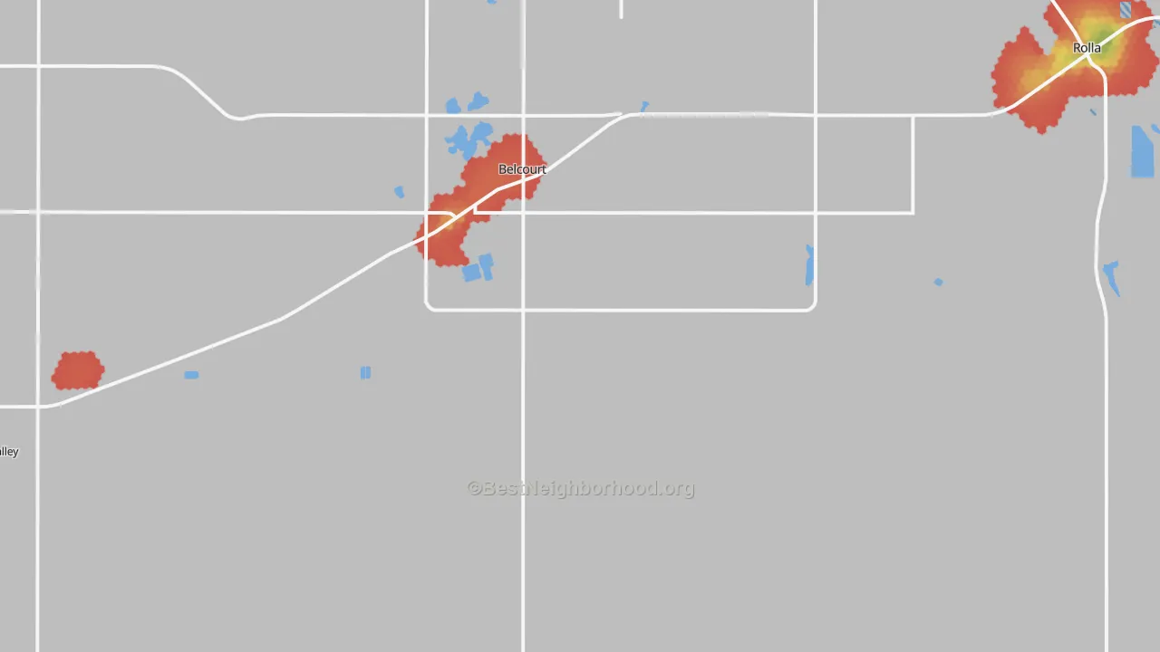 Walk Grade map of Agate, ND, walkable areas in green and car-dependent areas in red