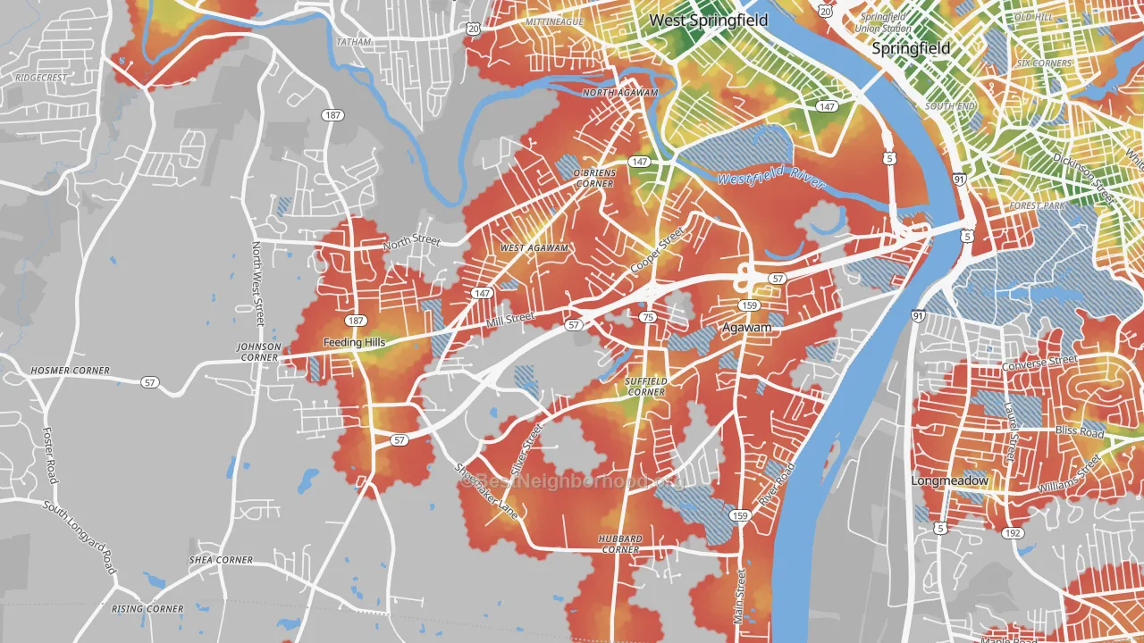 Walk Grade map of Agawam Town, MA, walkable areas in green and car-dependent areas in red