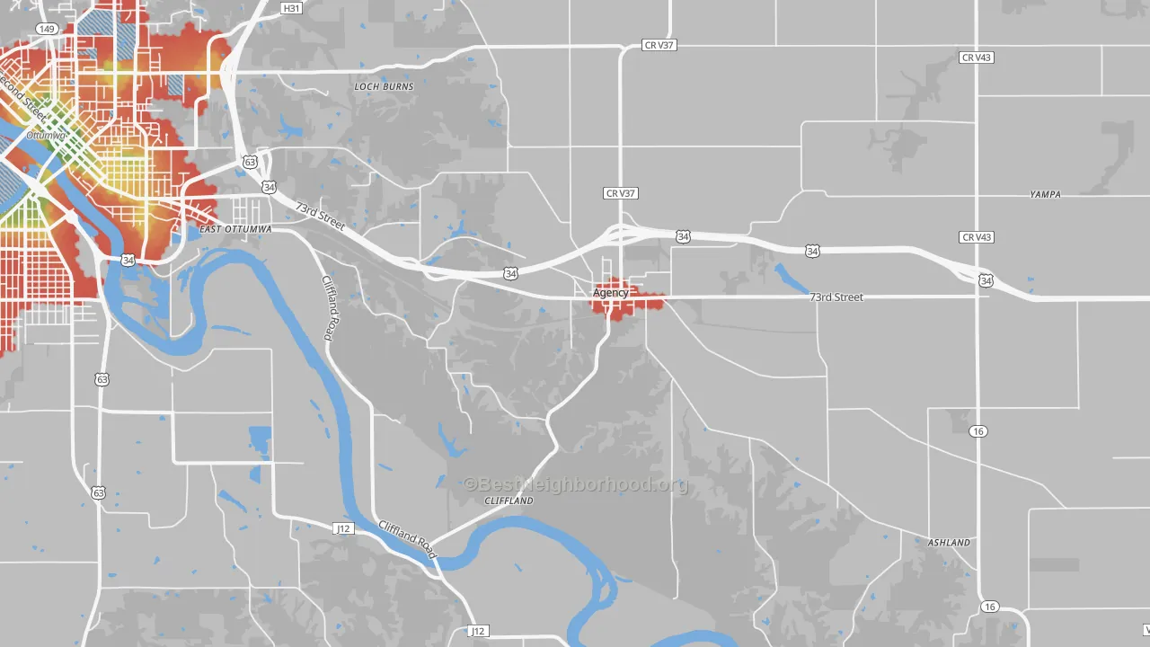 Walk Grade map of Agency, IA, walkable areas in green and car-dependent areas in red