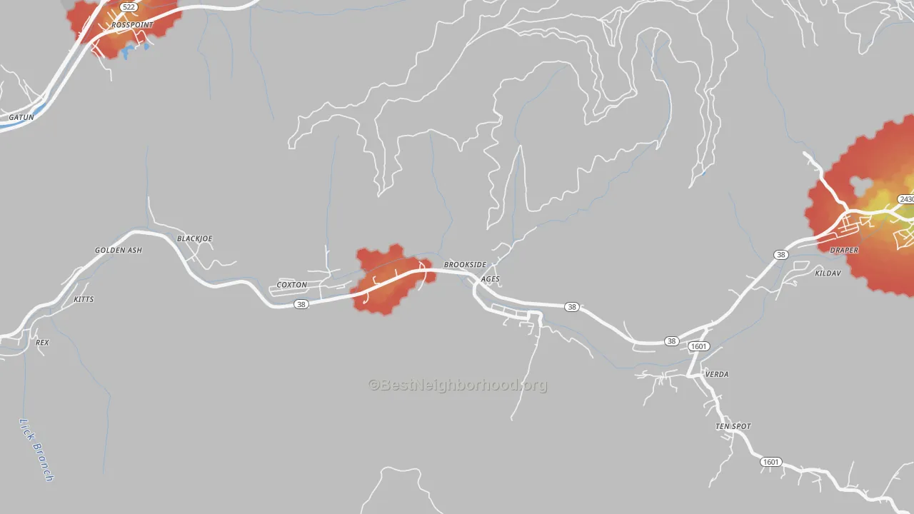 Walk Grade map of Ages-Brookside, KY, walkable areas in green and car-dependent areas in red