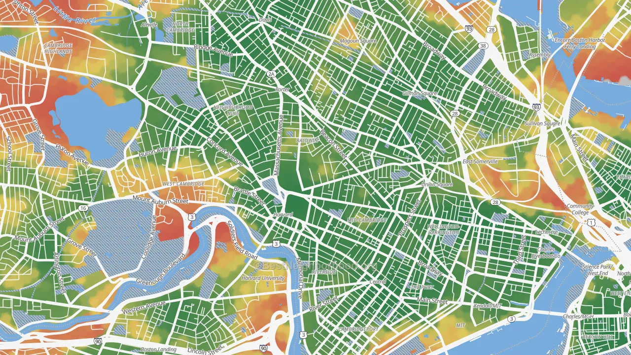 Walk Grade map of Aggasiz-Harvard, Cambridge, MA, walkable areas in green and car-dependent areas in red