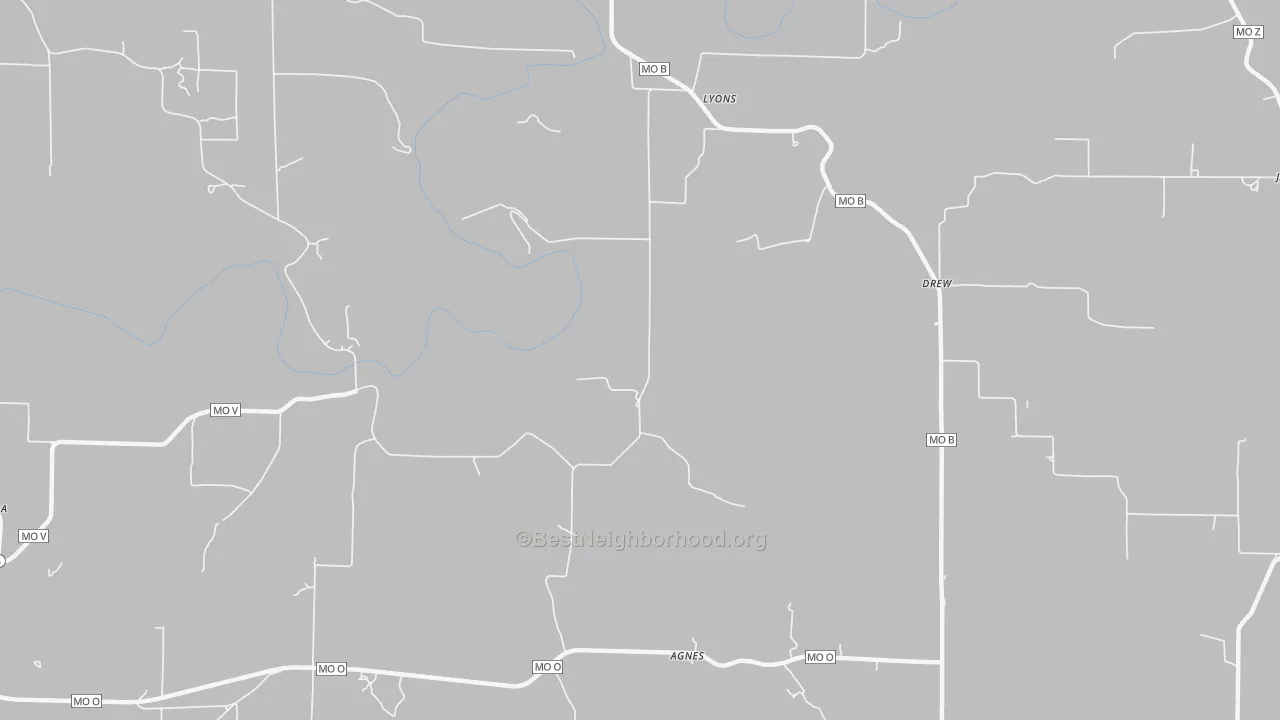 Walk Grade map of Agnes, MO, walkable areas in green and car-dependent areas in red