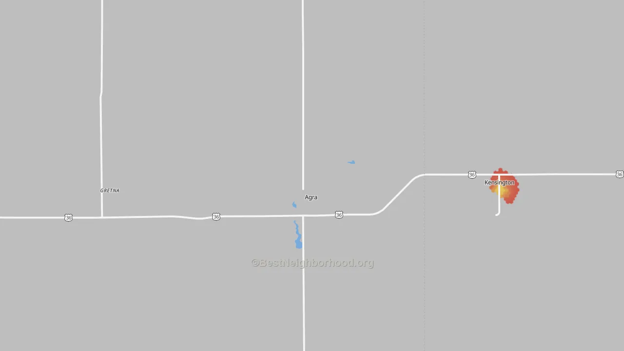 Walk Grade map of Agra, KS, walkable areas in green and car-dependent areas in red