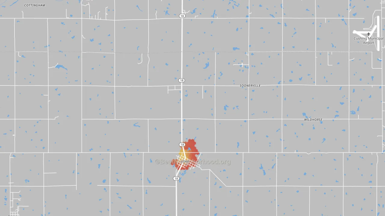 Walk Grade map of Agra, OK, walkable areas in green and car-dependent areas in red