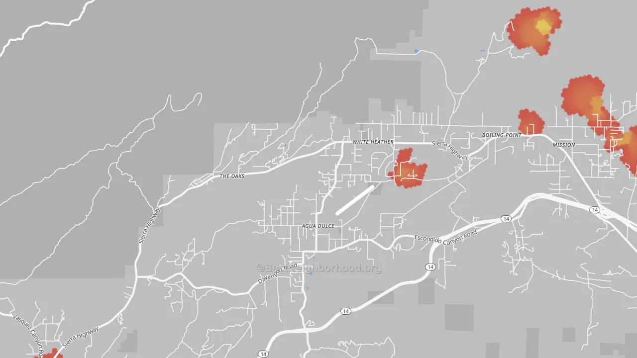 Walk Grade map of Agua Dulce, CA, walkable areas in green and car-dependent areas in red