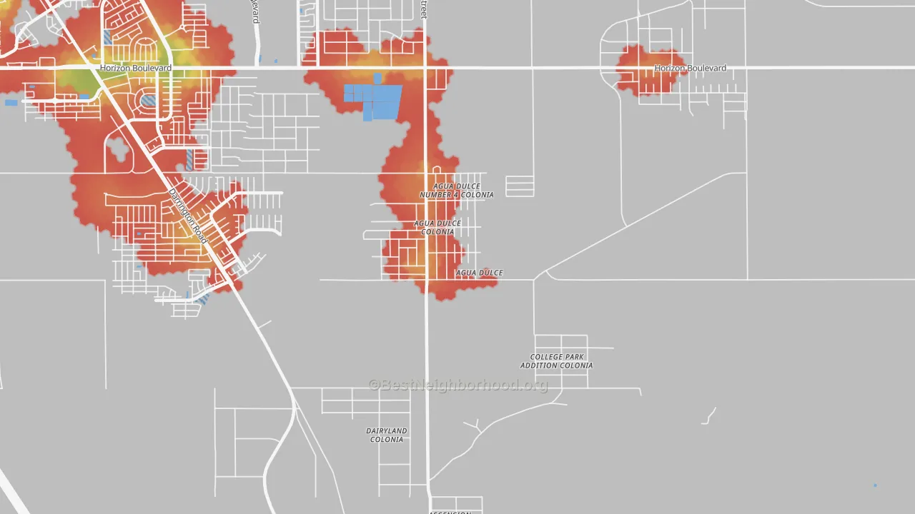 Walk Grade map of Agua Dulce, El Paso, TX, walkable areas in green and car-dependent areas in red