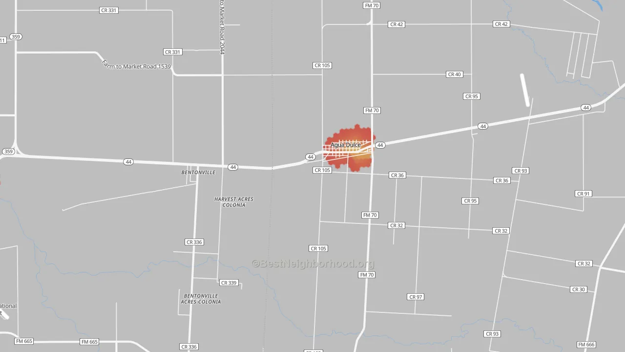 Walk Grade map of Agua Dulce, TX, walkable areas in green and car-dependent areas in red