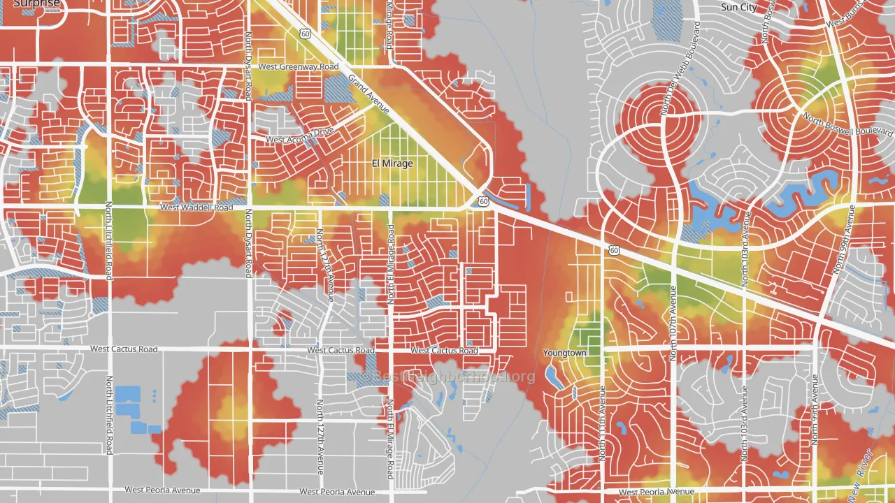 Walk Grade map of Agua Fria, El Mirage, AZ, walkable areas in green and car-dependent areas in red