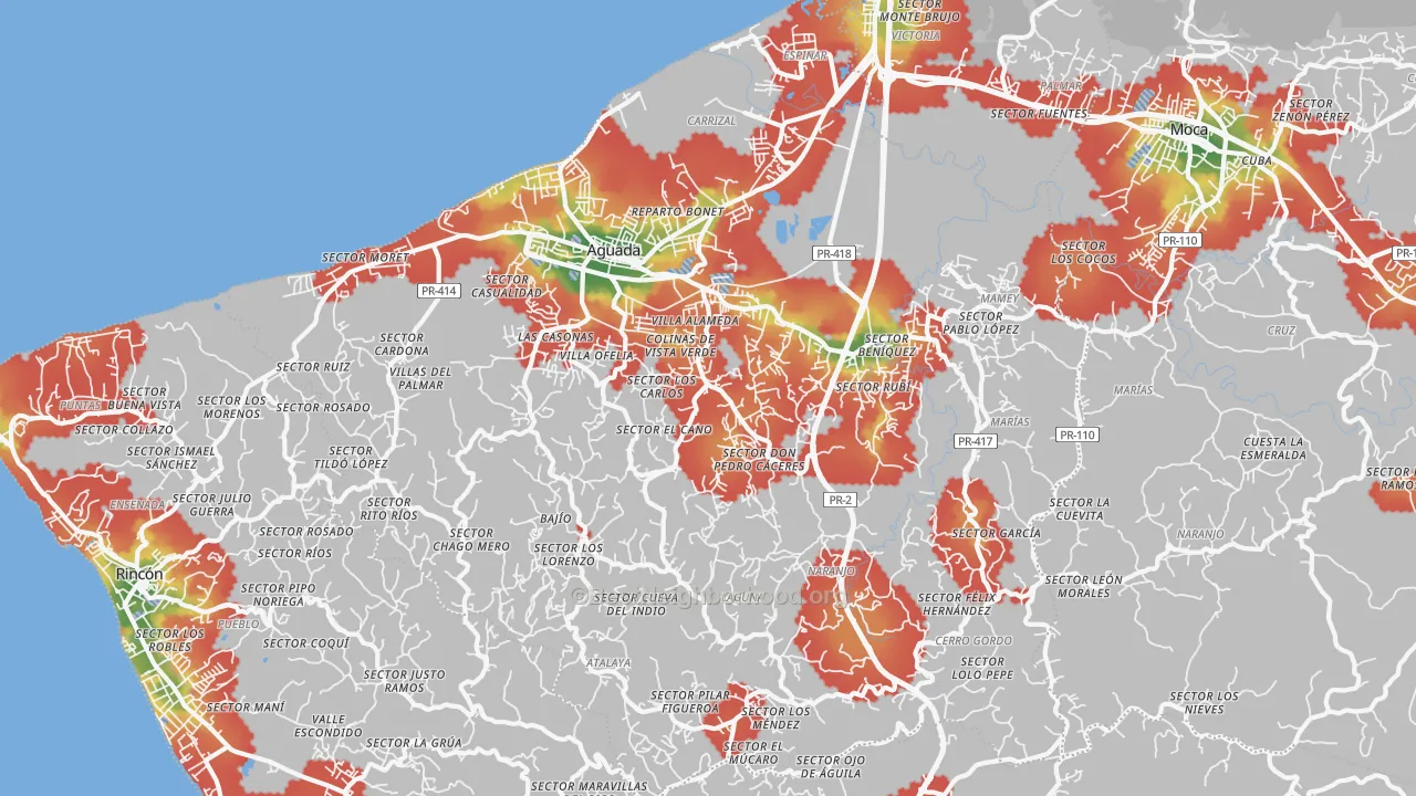Walk Grade map of Aguada Municipio, PR, walkable areas in green and car-dependent areas in red