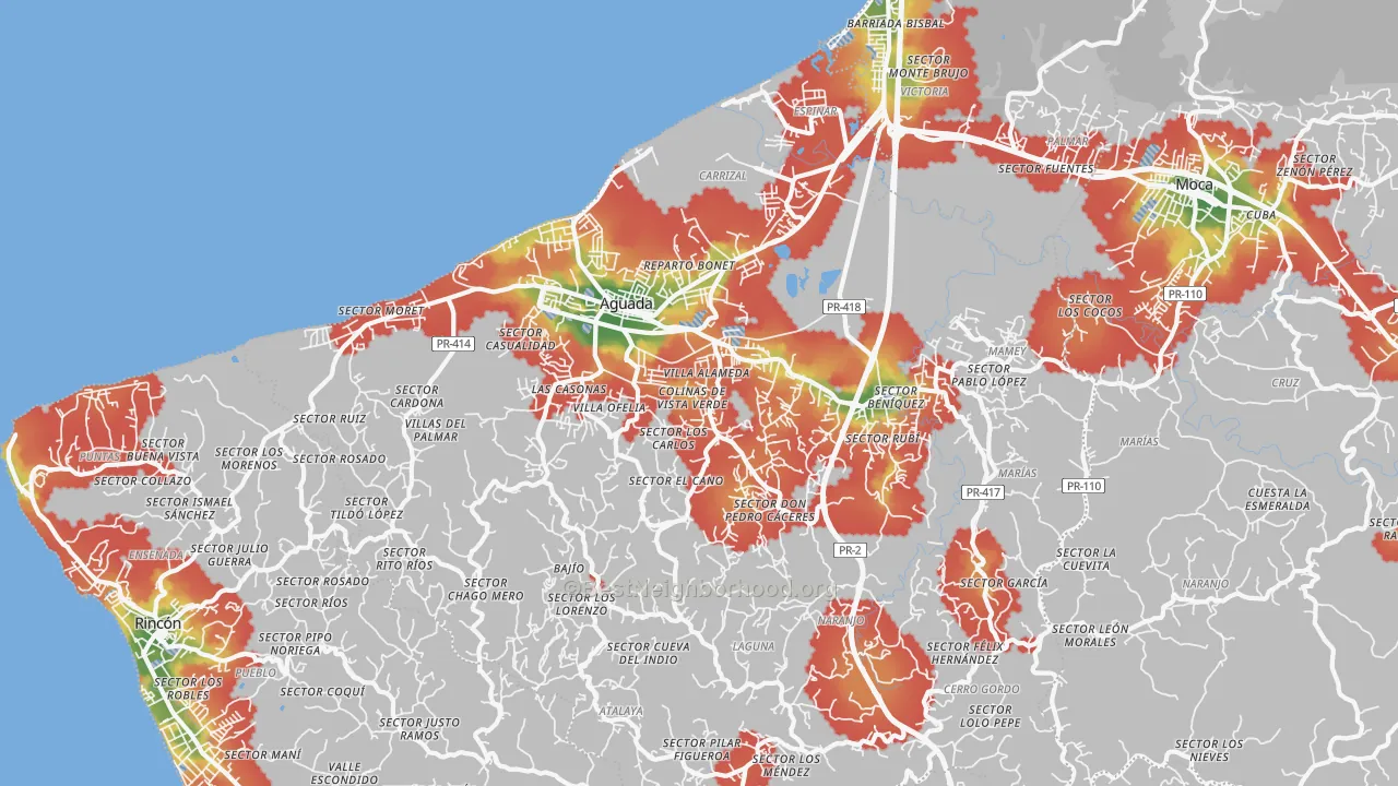 Walk Grade map of Aguada, PR, walkable areas in green and car-dependent areas in red