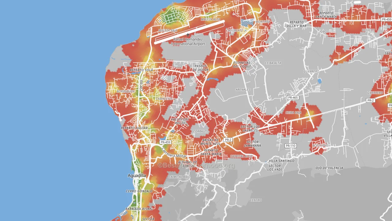 Walk Grade map of Aguadilla Municipio, PR, walkable areas in green and car-dependent areas in red