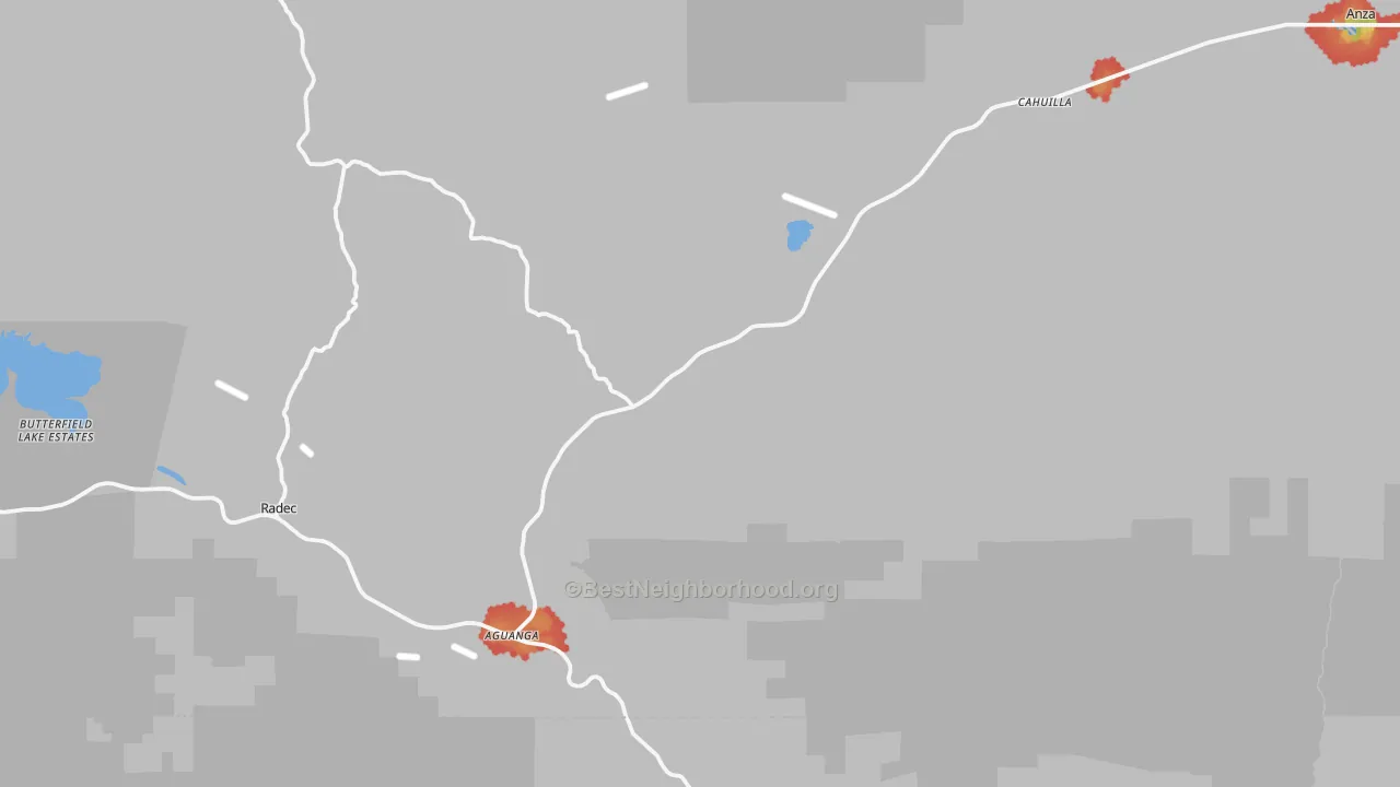 Walk Grade map of Aguanga, CA, walkable areas in green and car-dependent areas in red