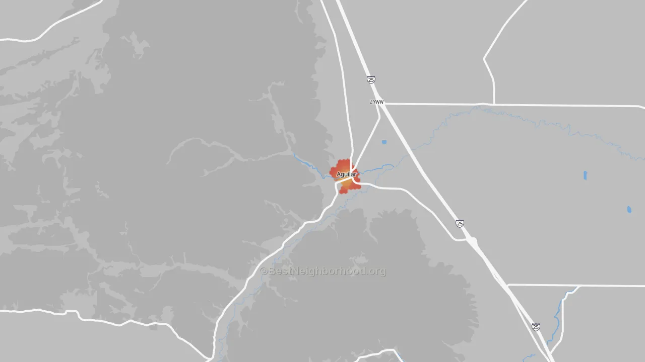 Walk Grade map of Aguilar, CO, walkable areas in green and car-dependent areas in red