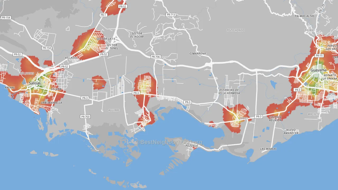 Walk Grade map of Aguirre, PR, walkable areas in green and car-dependent areas in red
