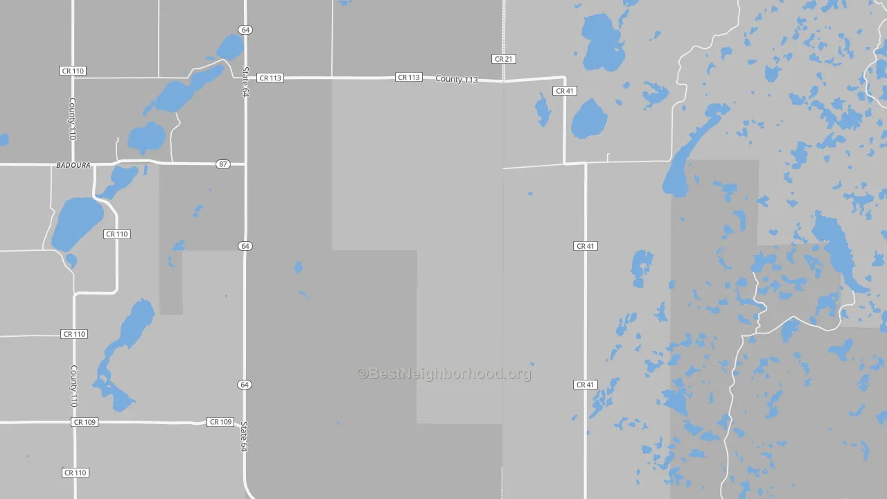 Walk Grade map of Ah Gwah Ching, MN, walkable areas in green and car-dependent areas in red
