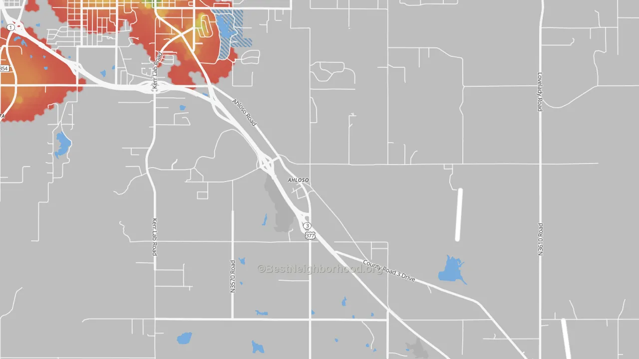 Walk Grade map of Ahloso, OK, walkable areas in green and car-dependent areas in red