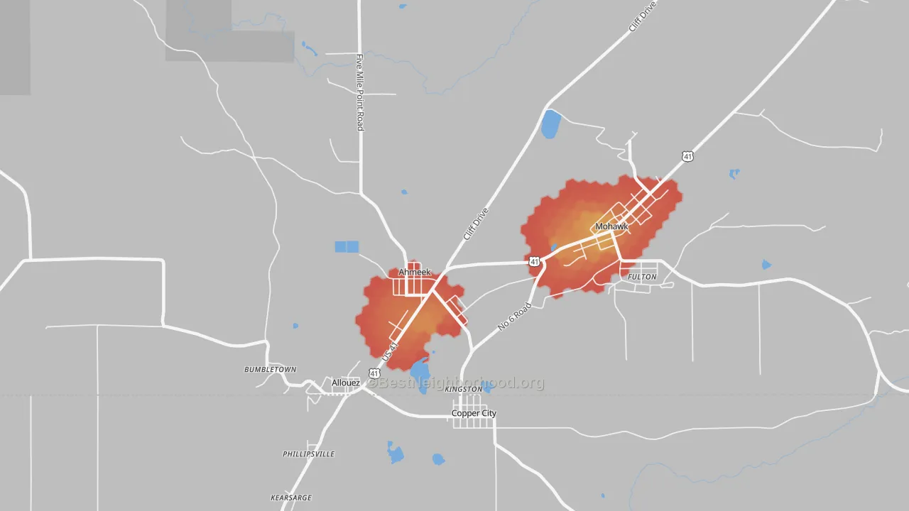 Walk Grade map of Ahmeek, MI, walkable areas in green and car-dependent areas in red