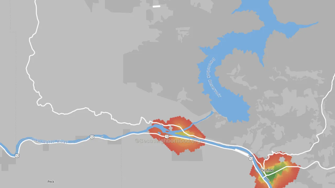 Walk Grade map of Ahsahka, ID, walkable areas in green and car-dependent areas in red