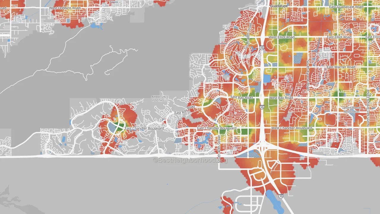 Walk Grade map of Ahwatukee, Phoenix, AZ, walkable areas in green and car-dependent areas in red