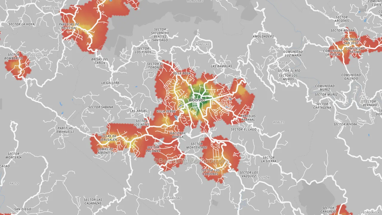 Walk Grade map of Aibonito Municipio, PR, walkable areas in green and car-dependent areas in red