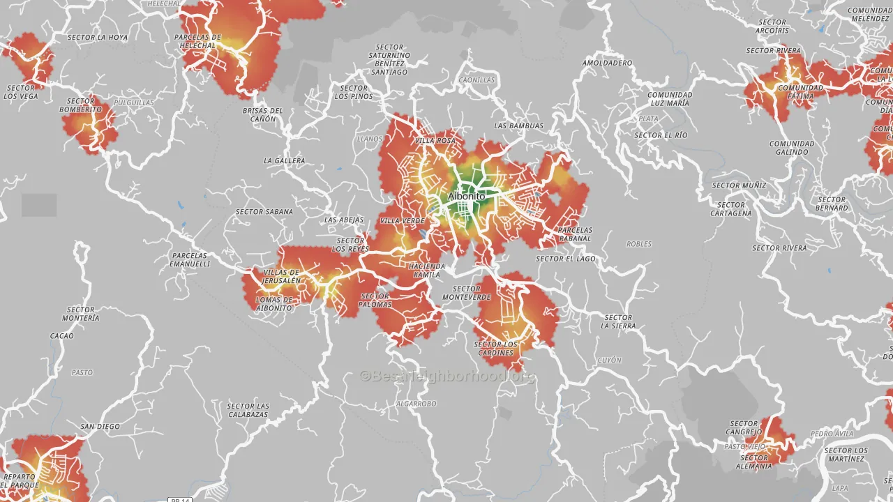 Walk Grade map of Aibonito, PR, walkable areas in green and car-dependent areas in red