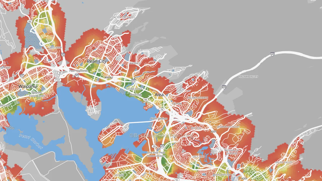 Walk Grade map of Aiea, HI, walkable areas in green and car-dependent areas in red