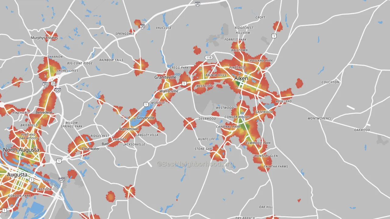 Walk Grade map of Aiken County, SC, walkable areas in green and car-dependent areas in red