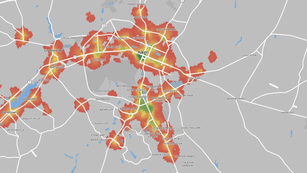 Walk Grade map of Aiken, SC, walkable areas in green and car-dependent areas in red