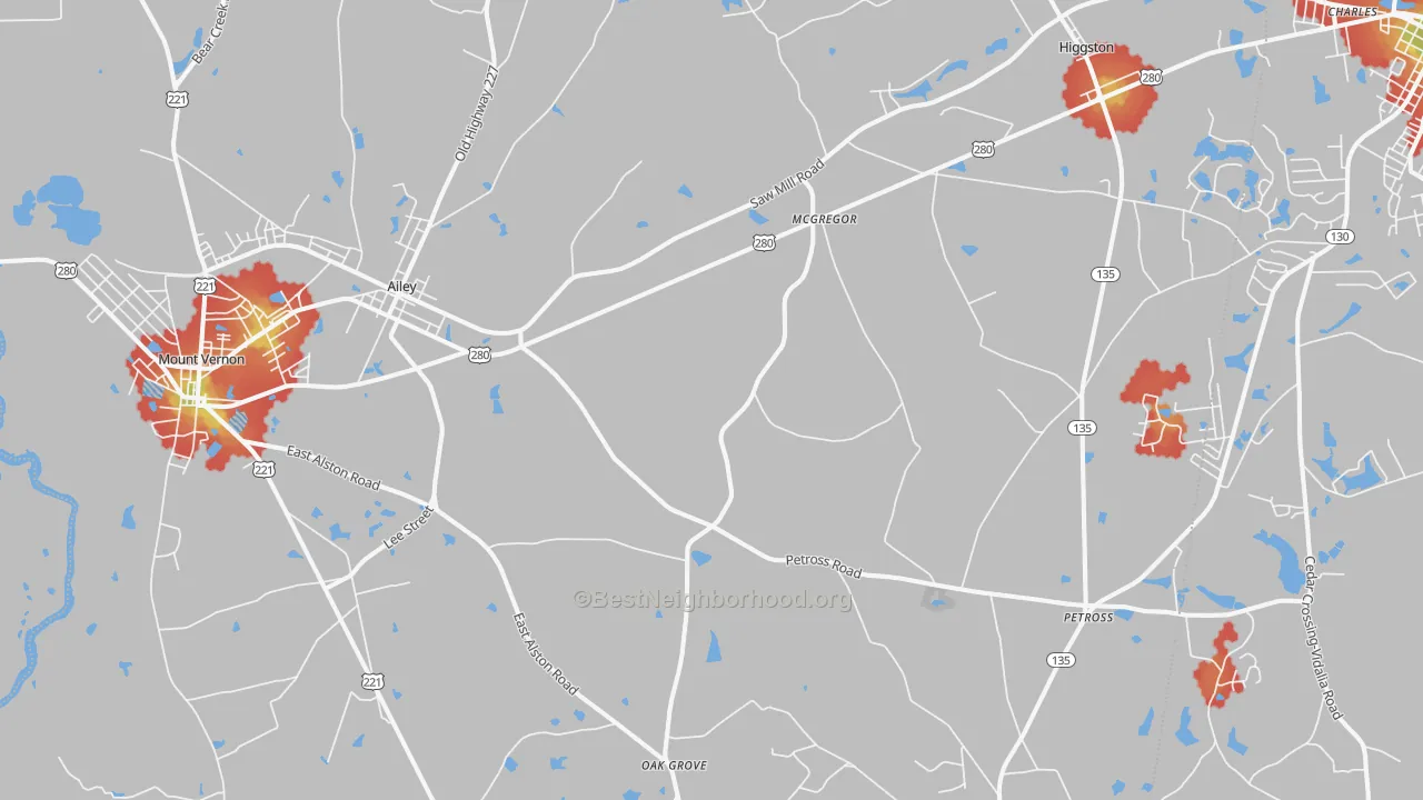 Walk Grade map of Ailey, GA, walkable areas in green and car-dependent areas in red