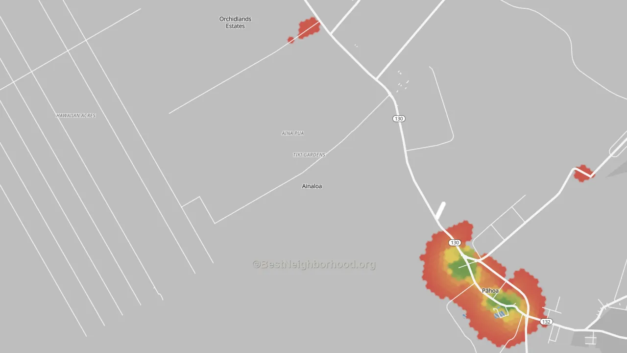 Walk Grade map of Ainaloa, HI, walkable areas in green and car-dependent areas in red