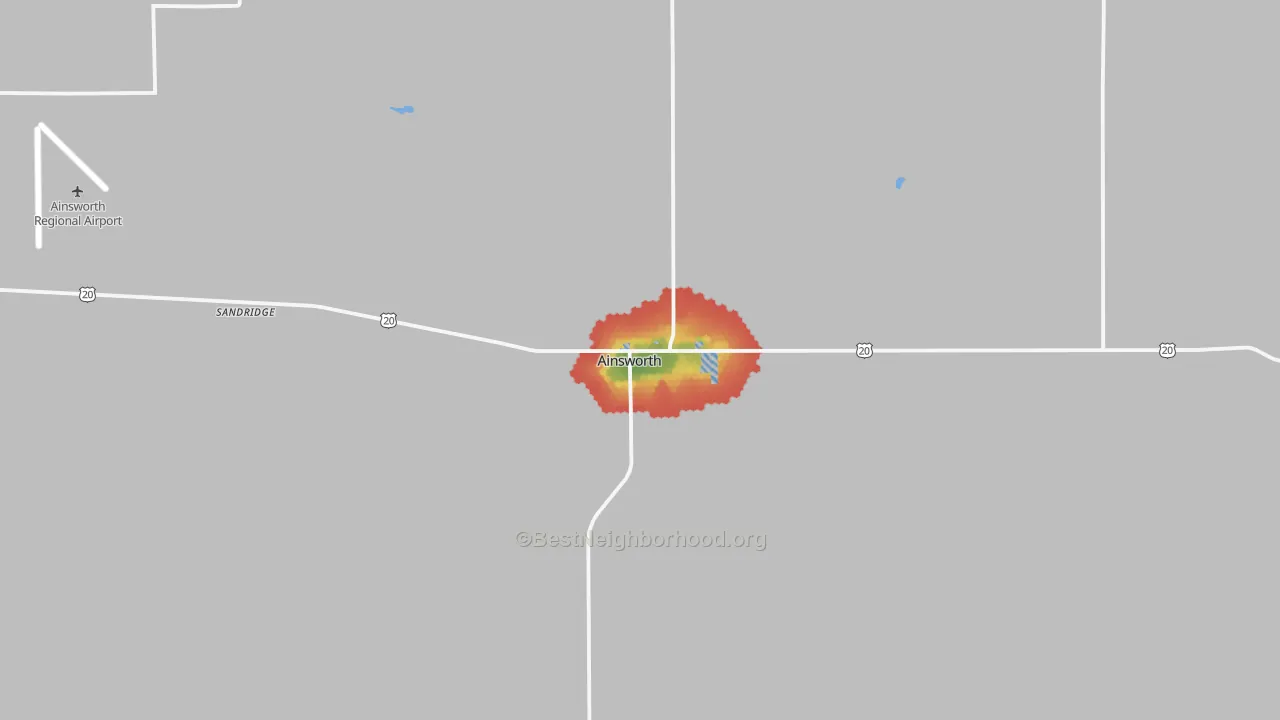 Walk Grade map of Ainsworth, NE, walkable areas in green and car-dependent areas in red