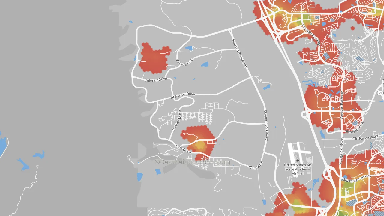 Walk Grade map of Air Force Academy, CO, walkable areas in green and car-dependent areas in red