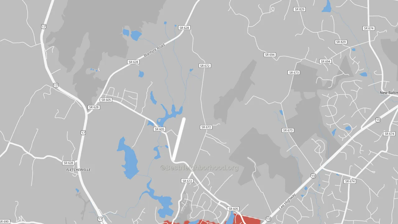 Walk Grade map of Airlie, VA, walkable areas in green and car-dependent areas in red