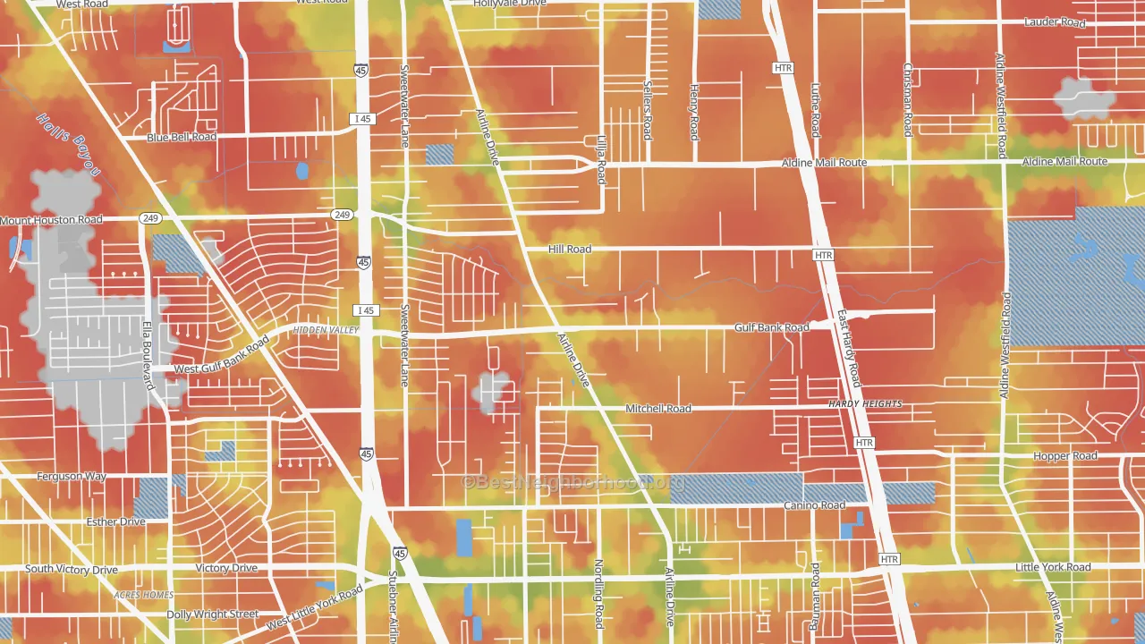 Walk Grade map of Airline, Houston, TX, walkable areas in green and car-dependent areas in red