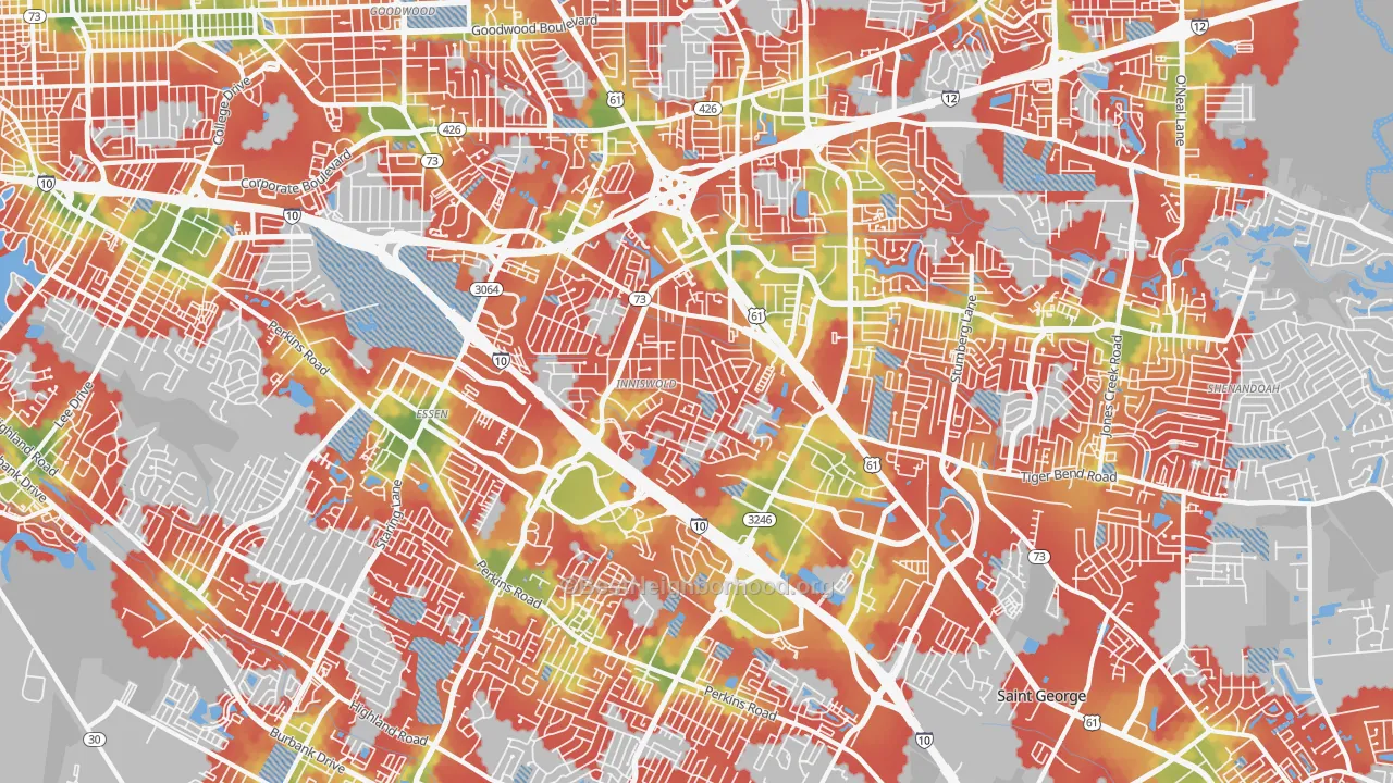 Walk Grade map of Airline-Jefferson, Baton Rouge, LA, walkable areas in green and car-dependent areas in red