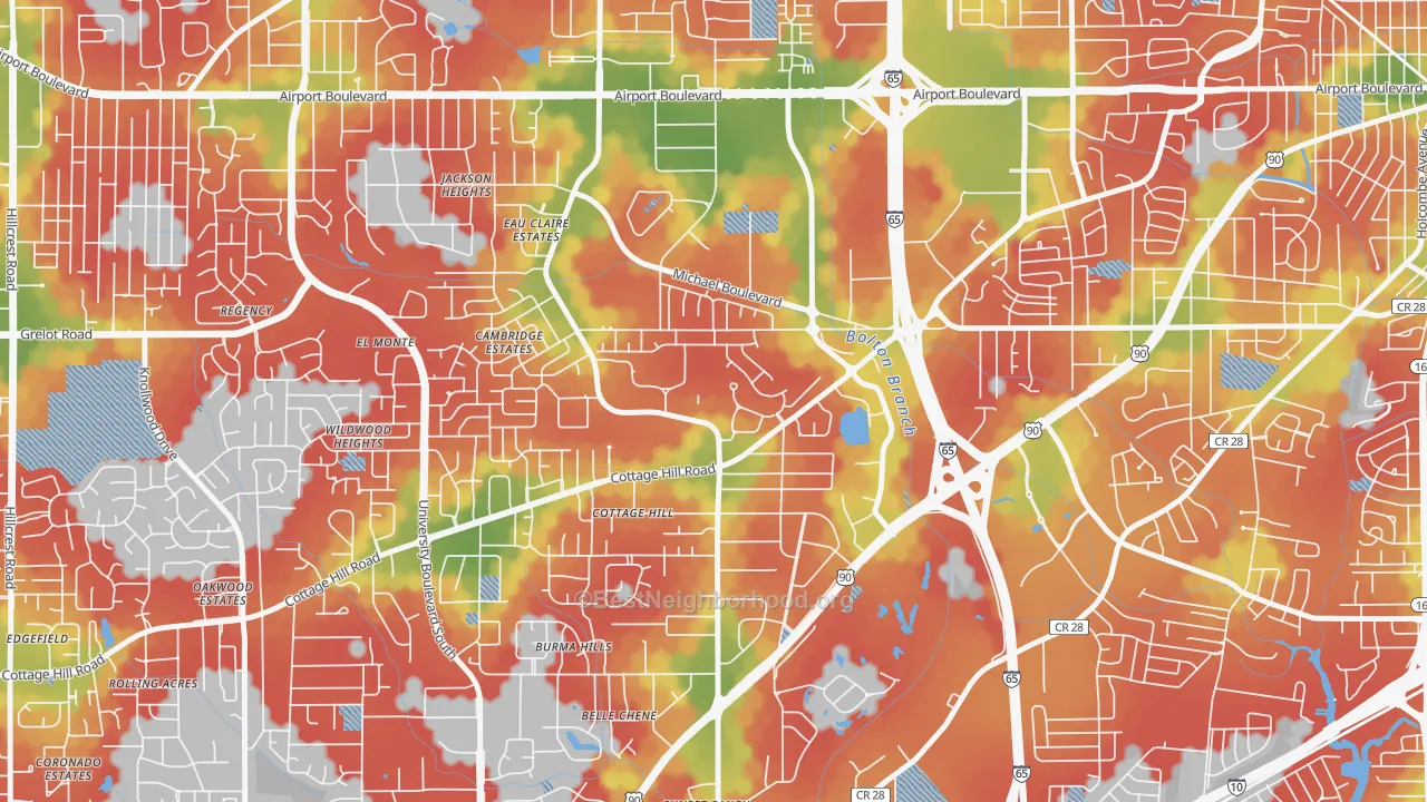 Walk Grade map of Airmont, Mobile, AL, walkable areas in green and car-dependent areas in red