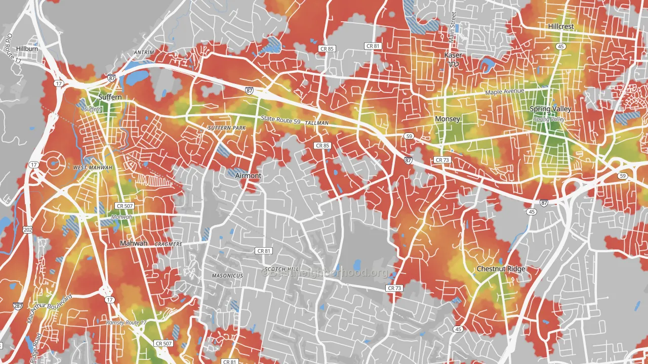Walk Grade map of Airmont, NY, walkable areas in green and car-dependent areas in red