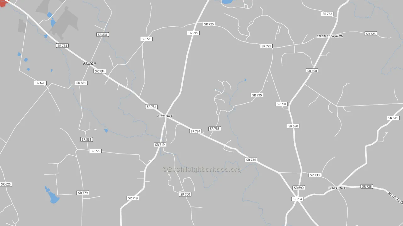 Walk Grade map of Airmont, VA, walkable areas in green and car-dependent areas in red