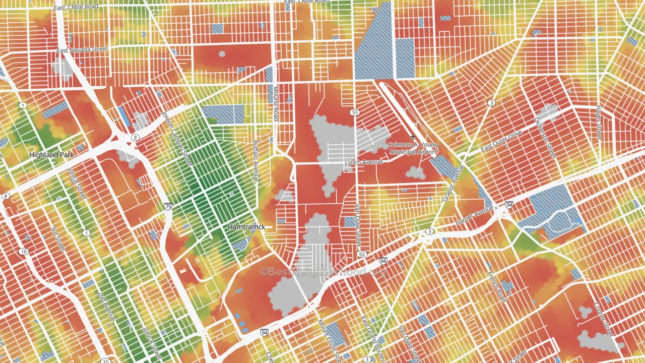 Walk Grade map of Airport, Detroit, MI, walkable areas in green and car-dependent areas in red