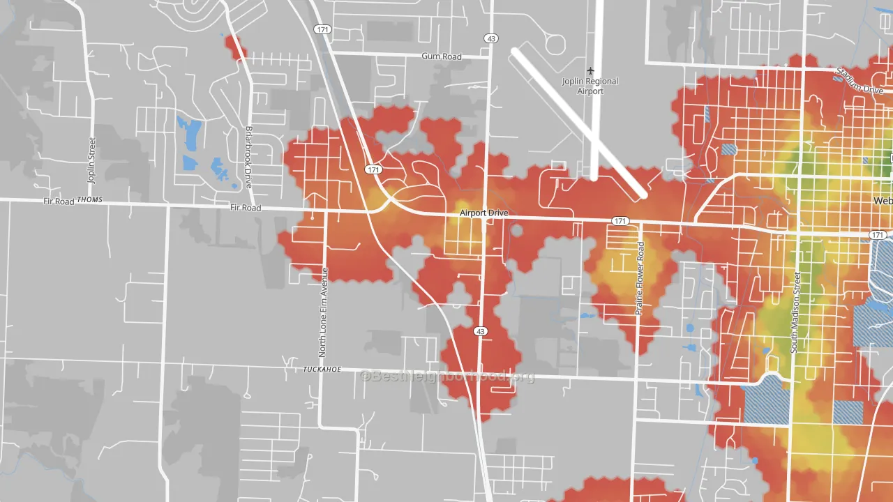 Walk Grade map of Airport Drive, MO, walkable areas in green and car-dependent areas in red