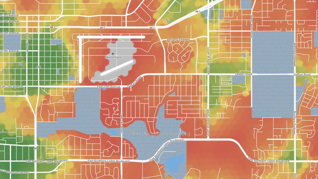 Walk Grade map of Airport Heights, Anchorage, AK, walkable areas in green and car-dependent areas in red