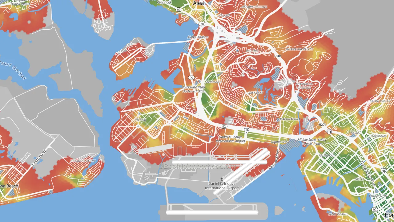 Walk Grade map of Airport, Honolulu, HI, walkable areas in green and car-dependent areas in red