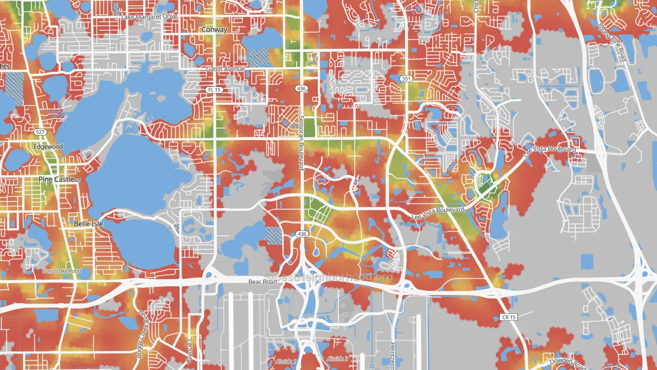 Walk Grade map of Airport North, Orlando, FL, walkable areas in green and car-dependent areas in red
