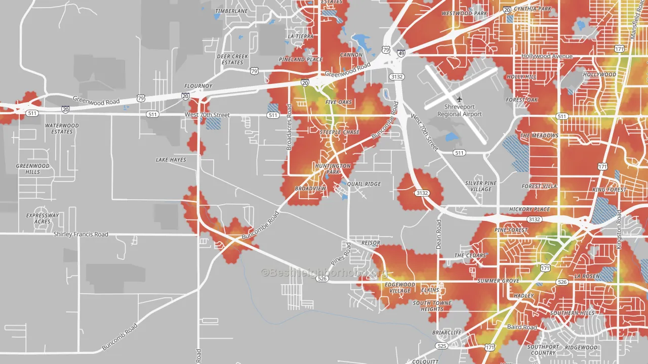 Walk Grade map of Airport-Pines Road, Shreveport, LA, walkable areas in green and car-dependent areas in red