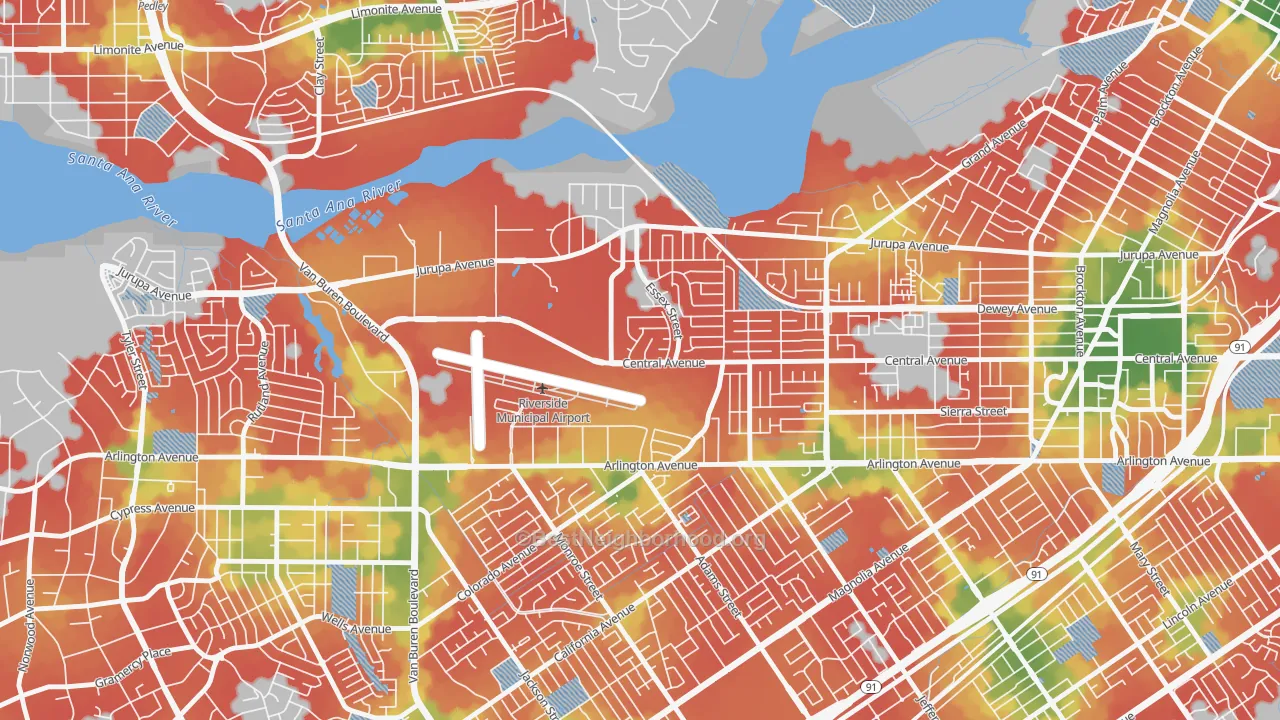 Walk Grade map of Airport, Riverside, CA, walkable areas in green and car-dependent areas in red