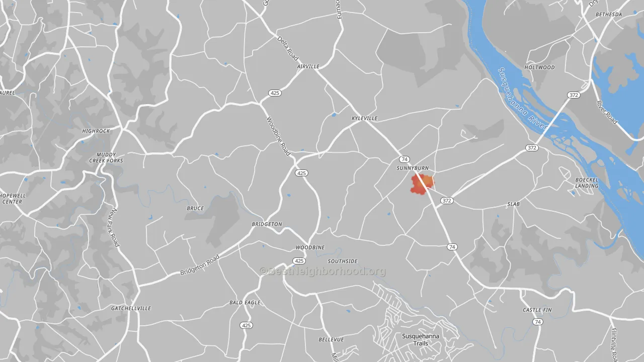 Walk Grade map of Airville, PA, walkable areas in green and car-dependent areas in red