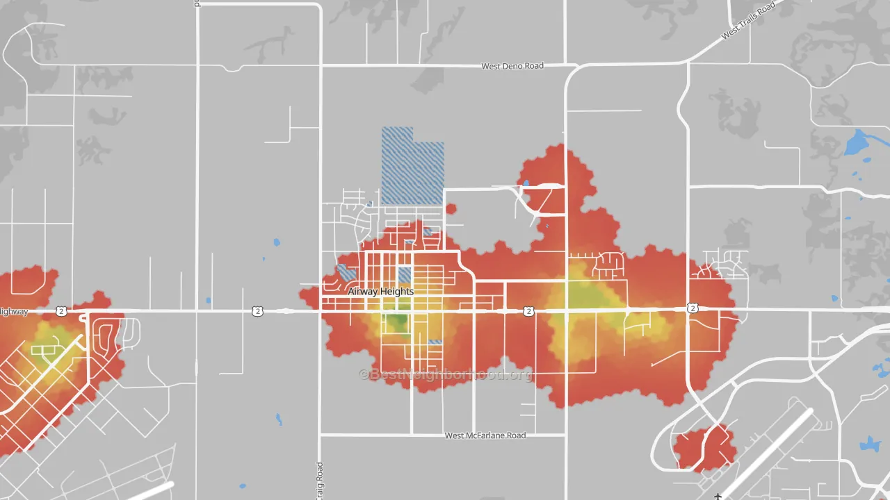 Walk Grade map of Airway Heights, WA, walkable areas in green and car-dependent areas in red