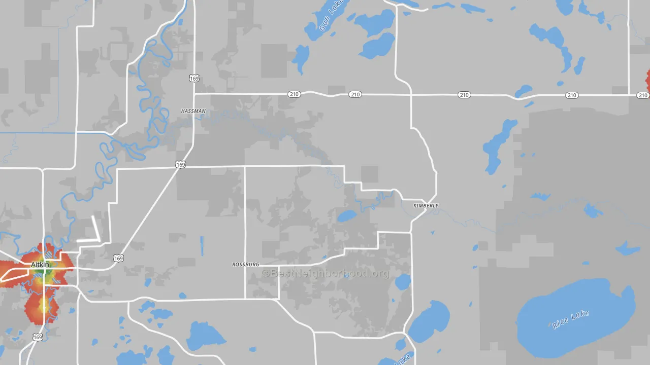 Walk Grade map of Aitkin County, MN, walkable areas in green and car-dependent areas in red